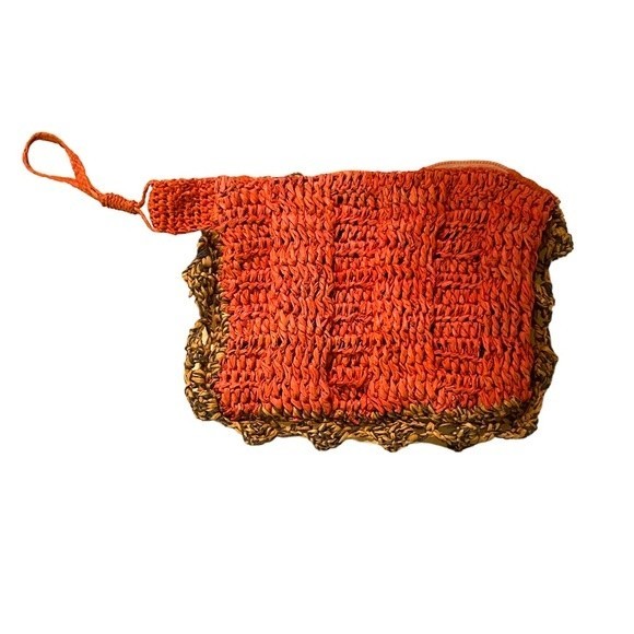 Jamin Puech Paris Hand Crocheted Raffia Straw Orange Zipper Pouch Bag Wallet - Picture 3 of 12